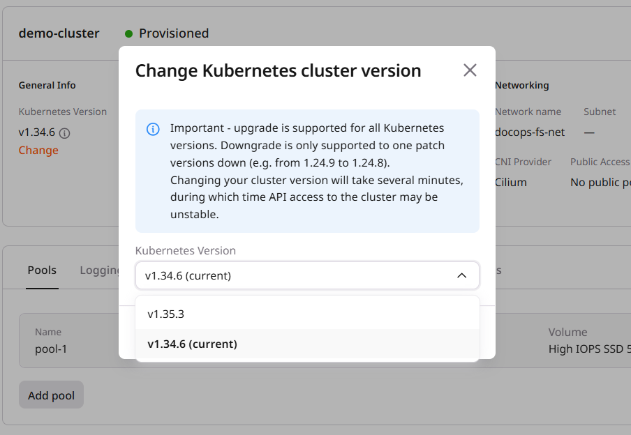 Change Kubernetes cluster version dialog with version dropdown and Change button