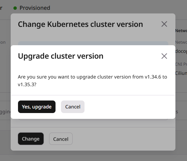 Upgrade cluster version confirmation dialog with Yes, upgrade button