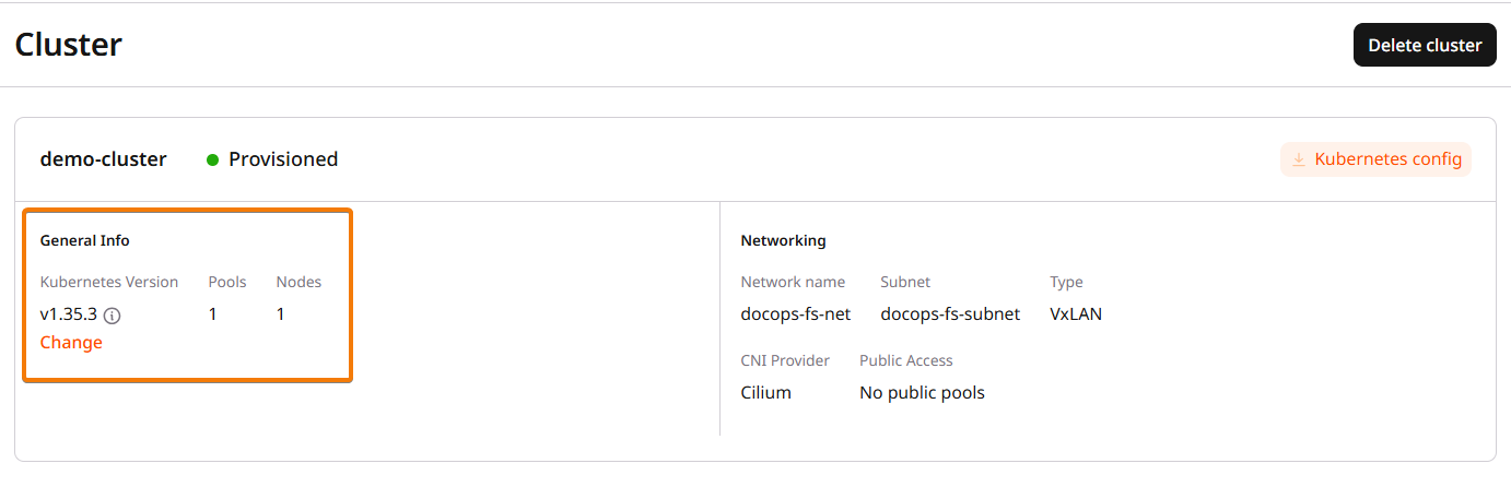 Cluster General Info showing updated Kubernetes version after upgrade