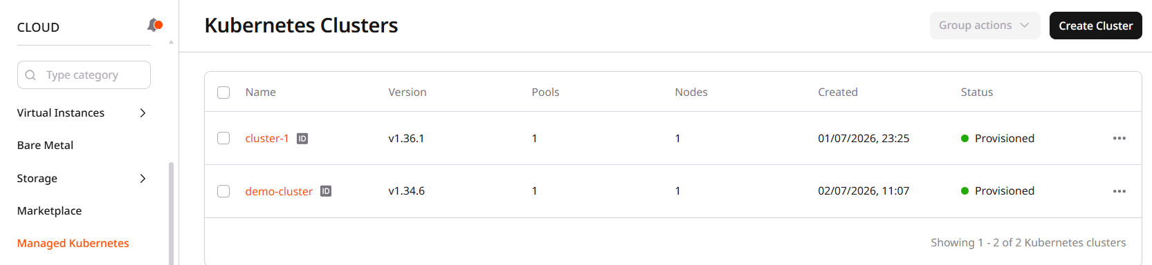 Kubernetes Clusters page with the Create Cluster button