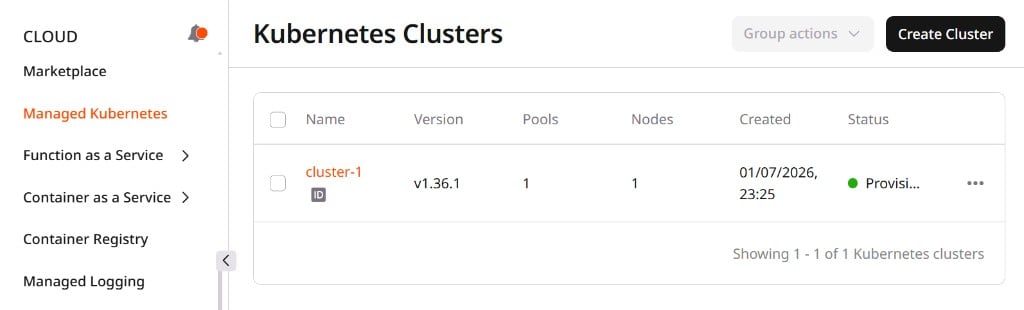 Kubernetes Clusters list with cluster name and Create Cluster button