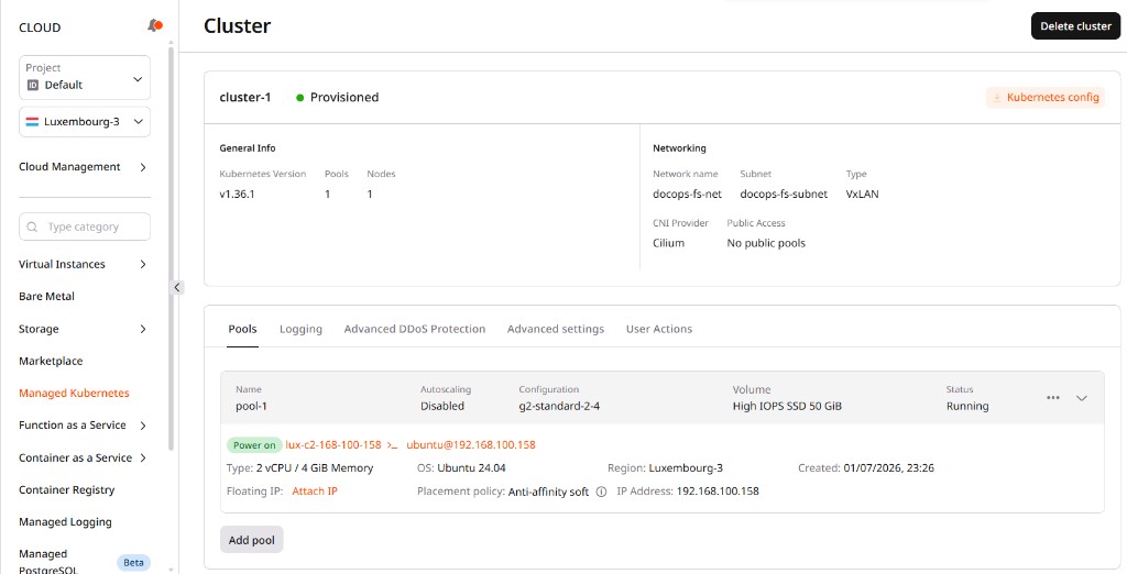 Cluster detail page showing pool with a running worker node
