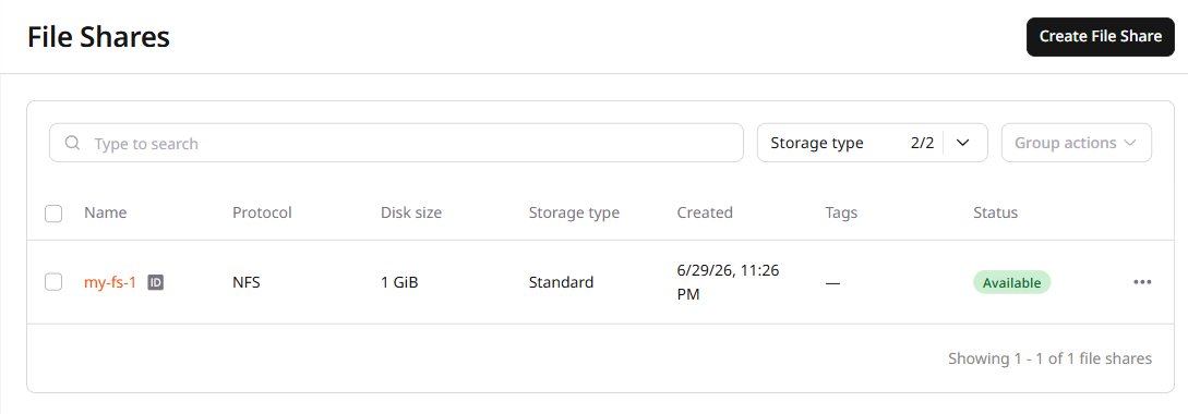 File Shares page with a highlighted button to create file share