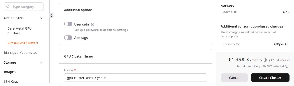 Additional options section with User data and Add tags toggles