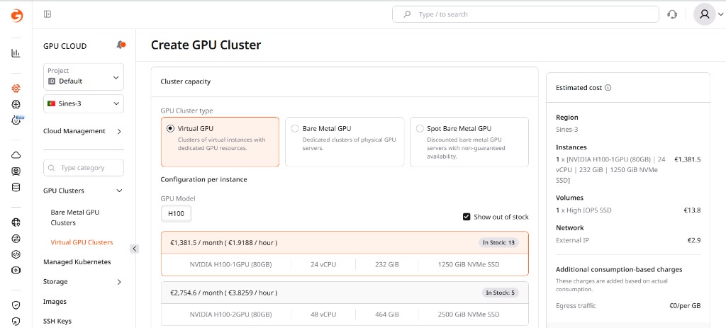 Cluster capacity section with GPU cluster type selection and available flavors