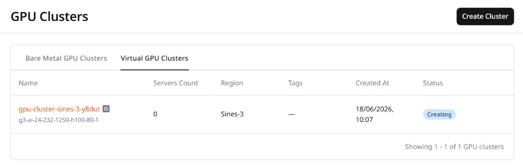 Virtual GPU Clusters list showing a newly created cluster with Creating status