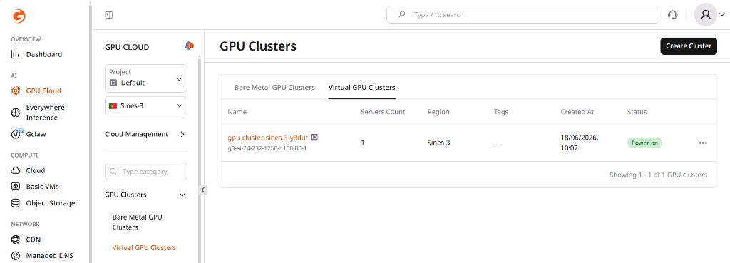 Virtual GPU Clusters page with cluster list and Create Cluster button