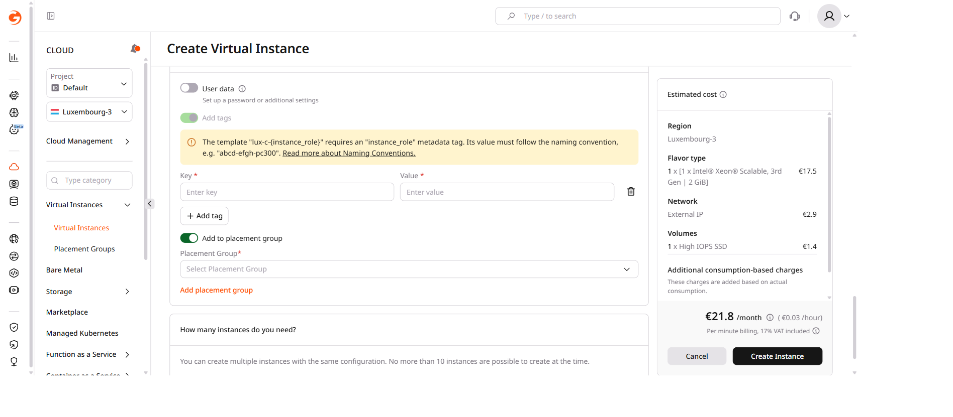 Add to placement group checkbox and Placement Group dropdown on the create instance form