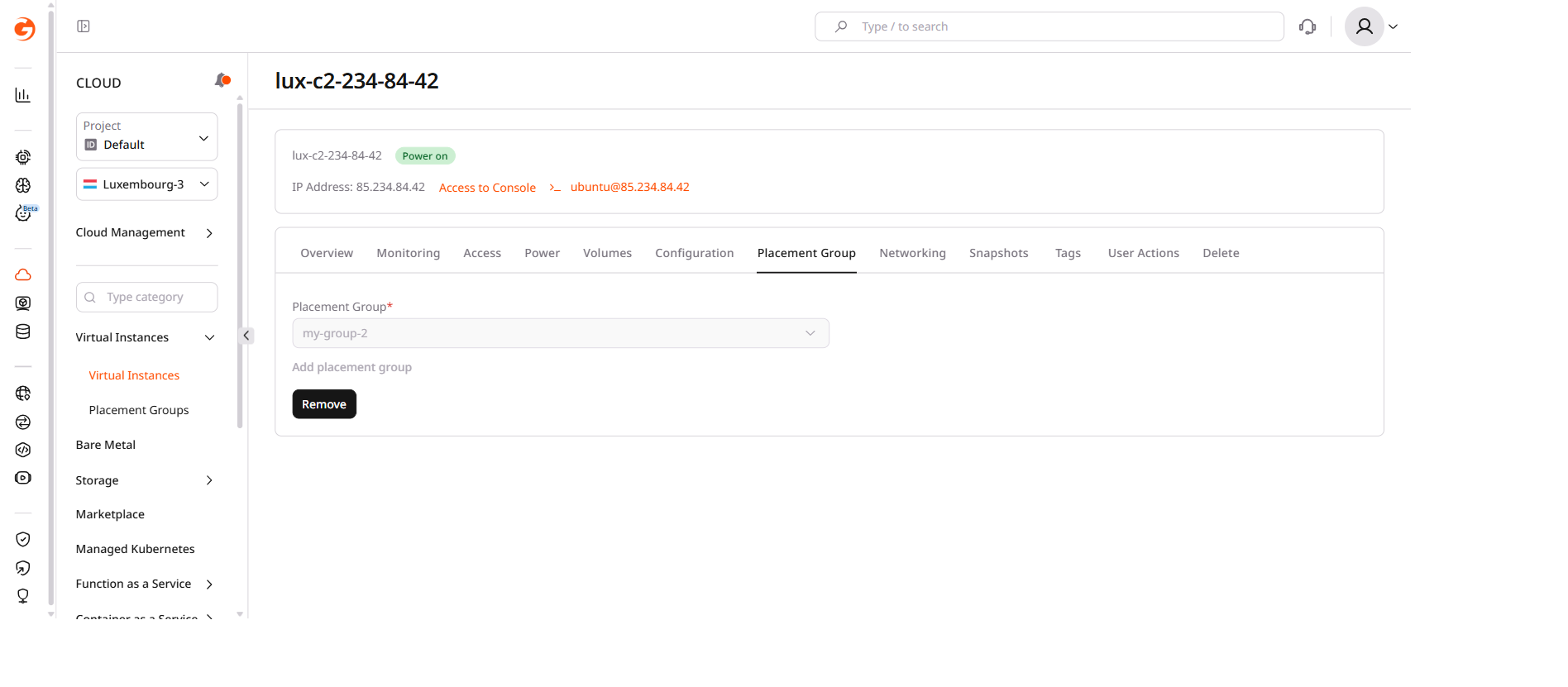 Placement Group tab showing assigned group and Remove button