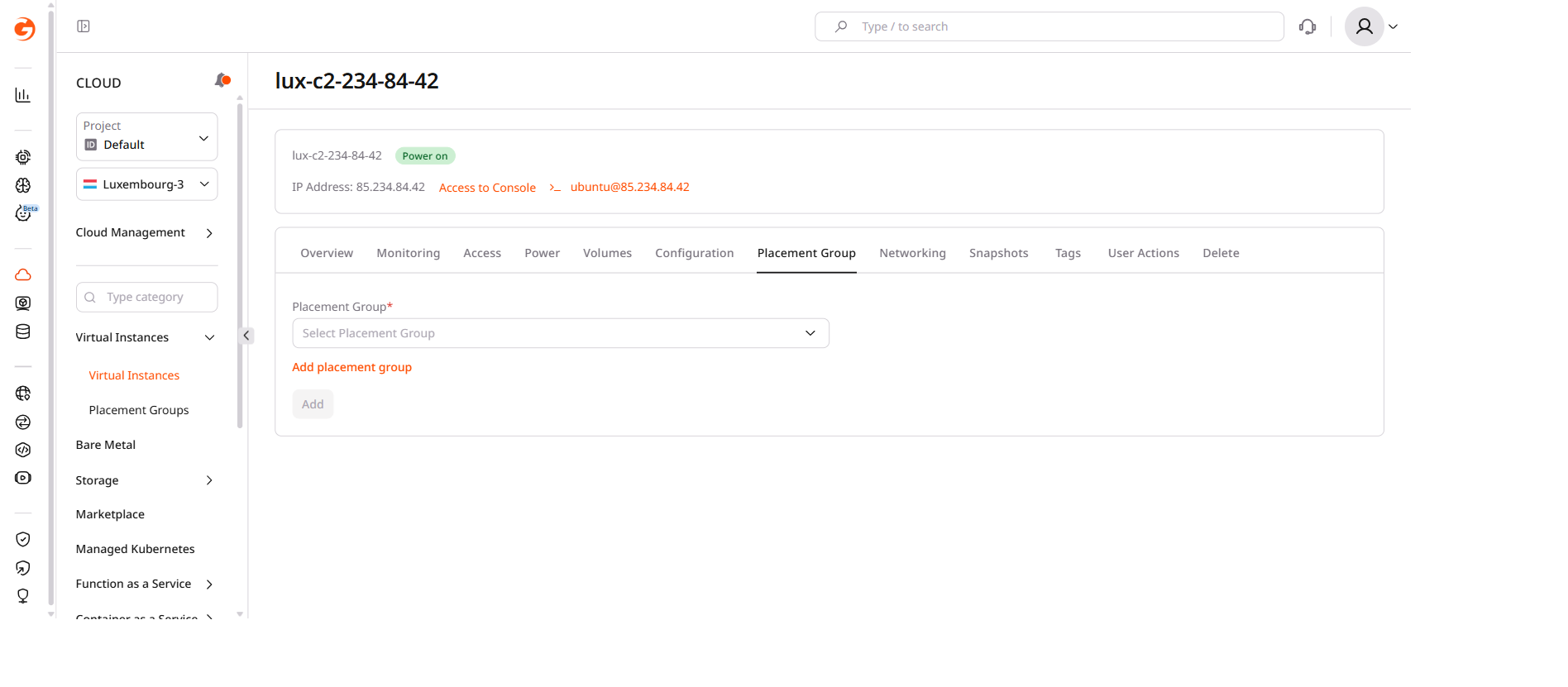 Placement Group tab with group selector and Add button