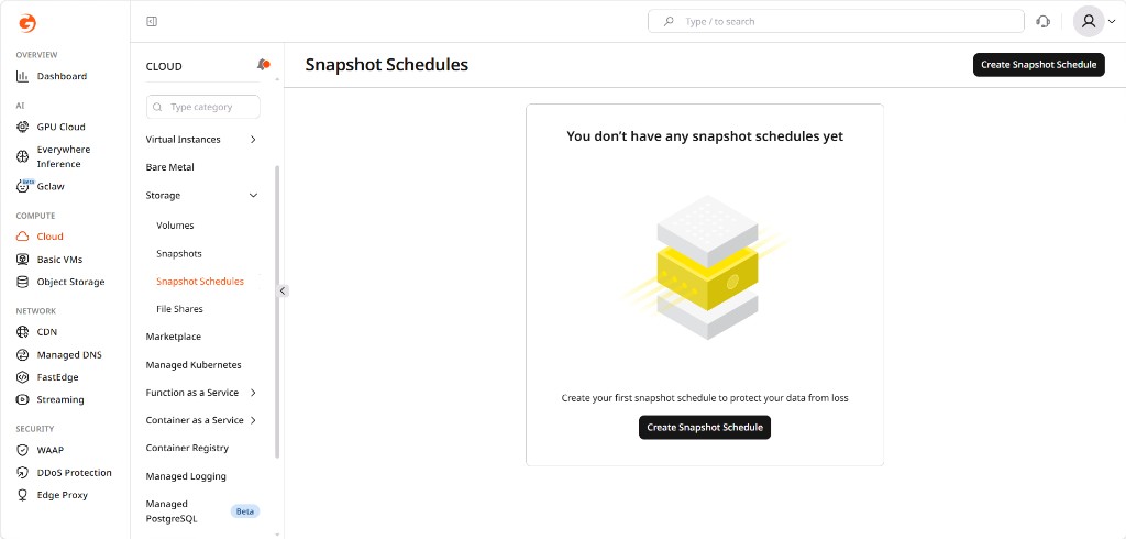 Snapshot Schedules page with Create Snapshot Schedule button
