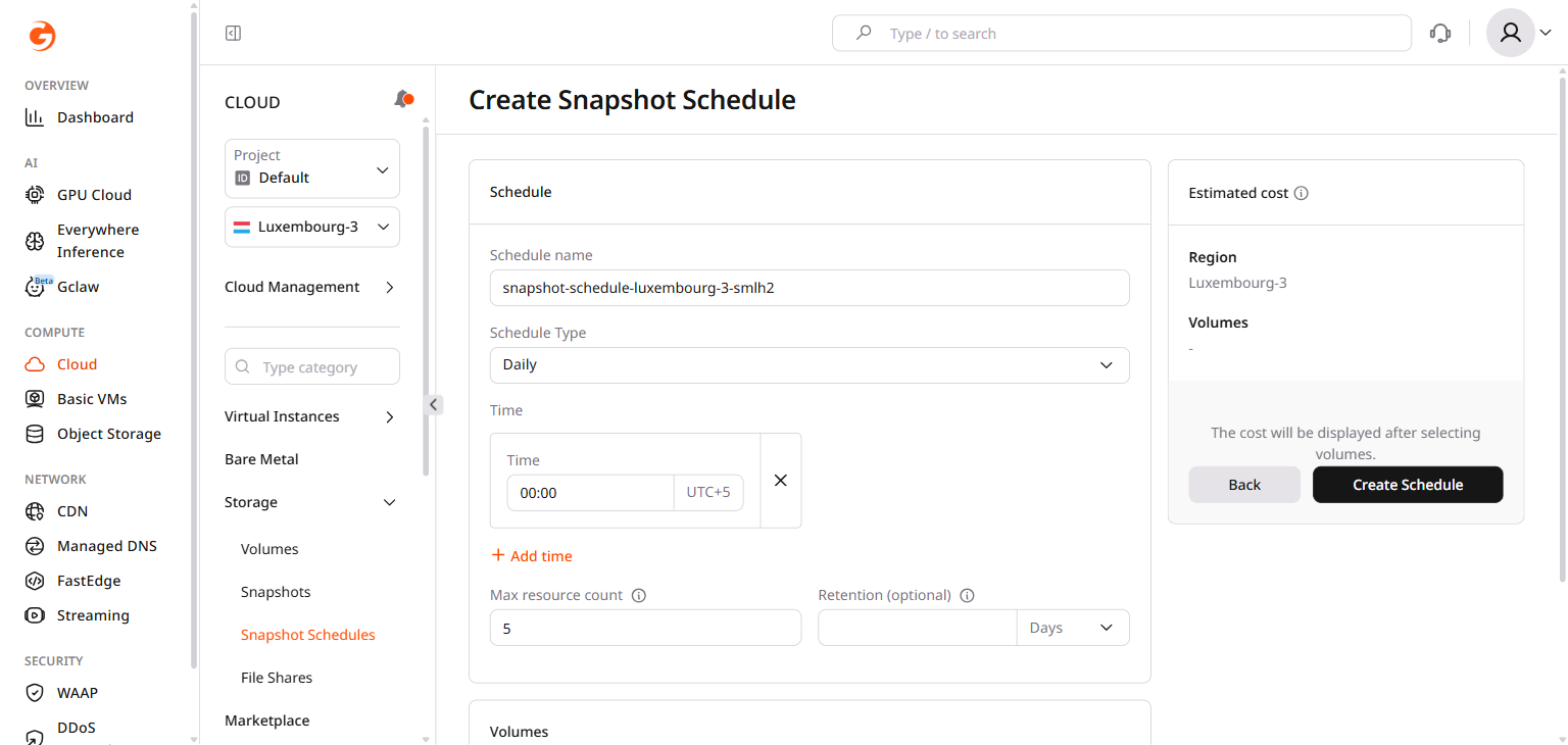 Create Snapshot Schedule form with schedule name, type, and volume fields