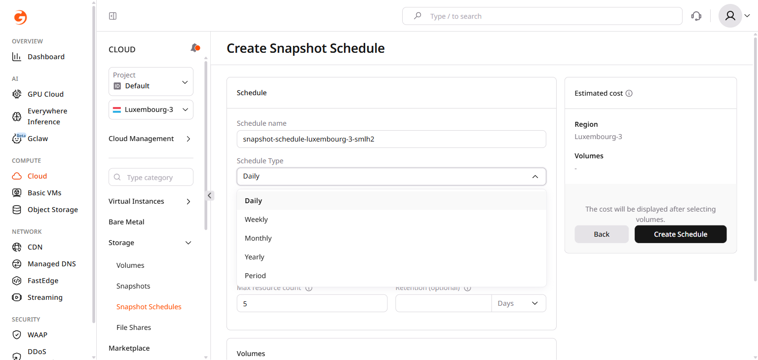 Schedule Type dropdown showing Daily, Weekly, Monthly, Yearly, and Period options