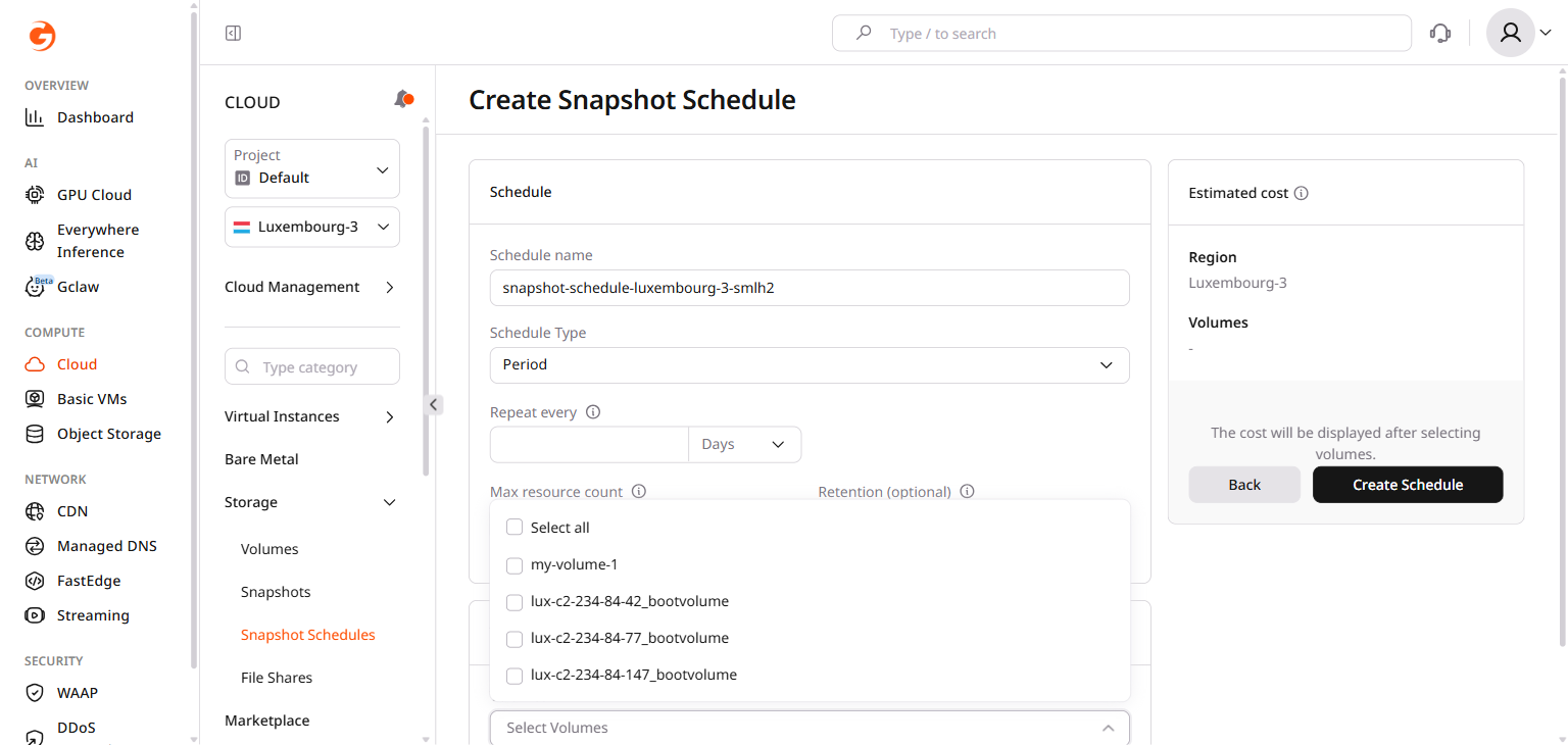 Select Volumes dropdown with boot and regular volumes listed