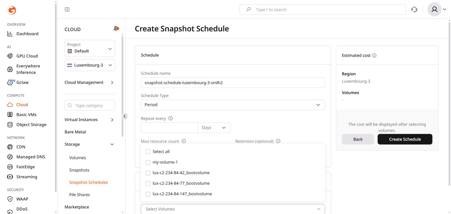 Select Volumes dropdown with boot and regular volumes listed