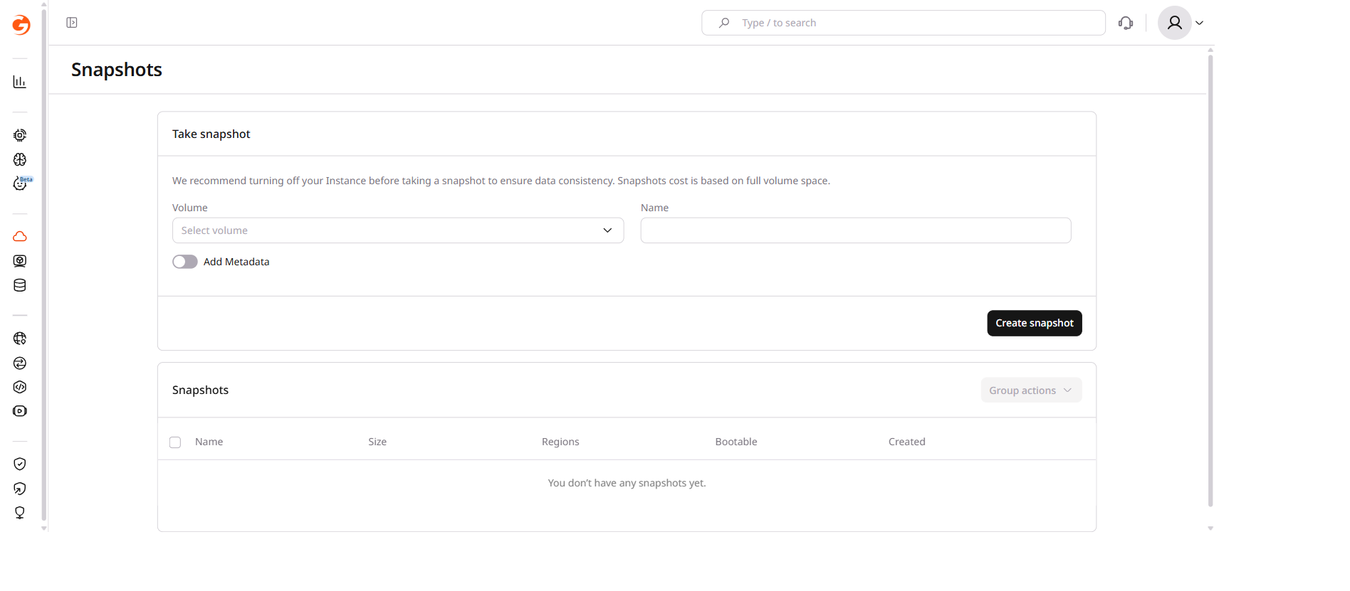 Snapshots page with Take snapshot form and volume dropdown