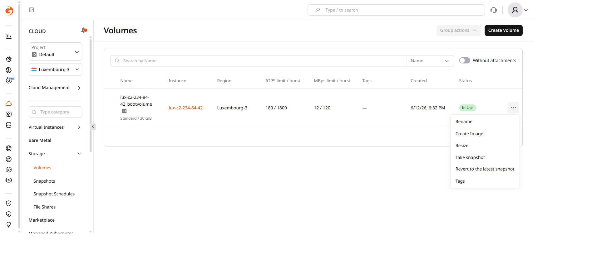Volumes page with three-dot menu open on a volume row