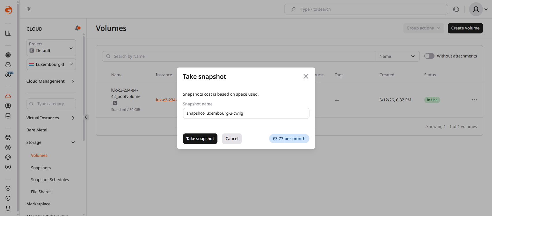 Take snapshot dialog with name field and confirmation button
