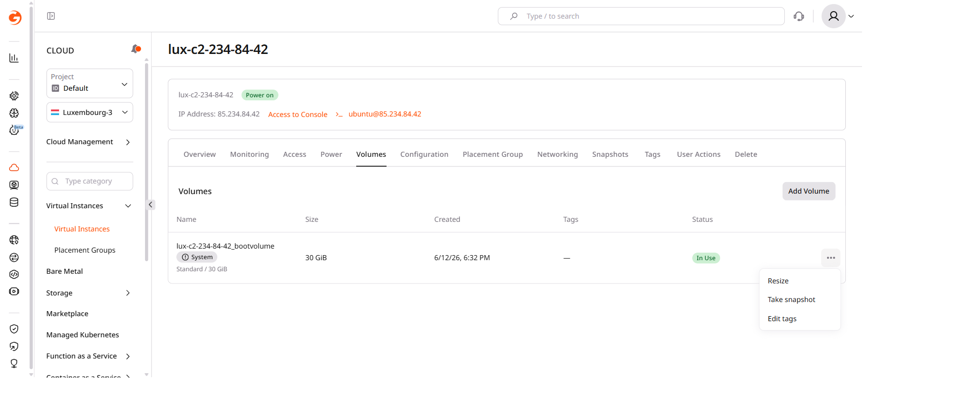 Virtual Machine Volumes tab with Take snapshot action