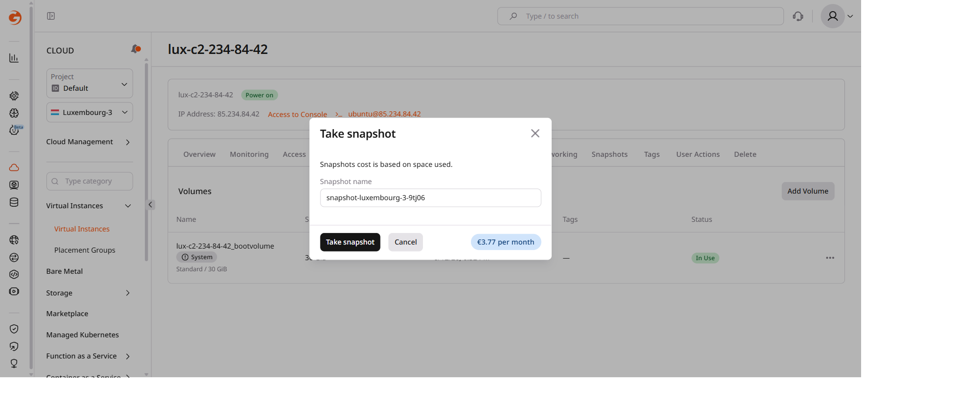 Take snapshot dialog opened from a Virtual Machine volume