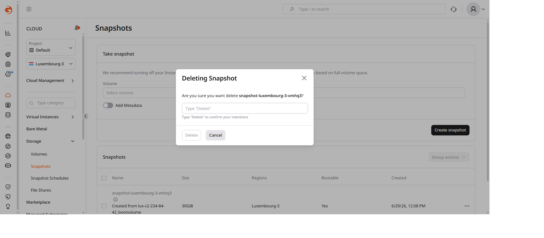 Delete snapshot confirmation dialog