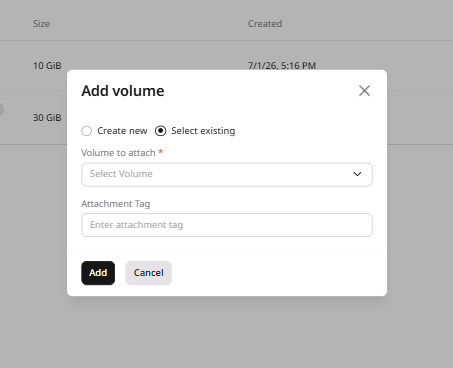 Add volume menu with options to add Virtual Machine and tags