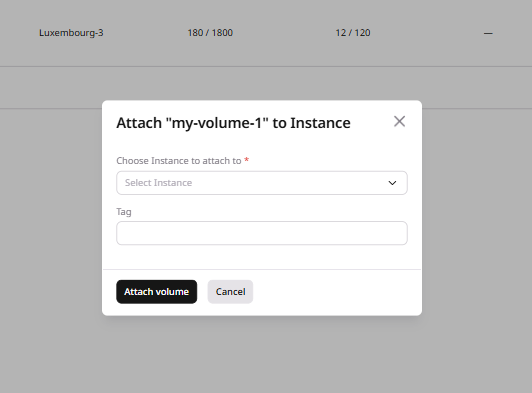 Attach volume dialog with options to select Virtual Machine and add a tag
