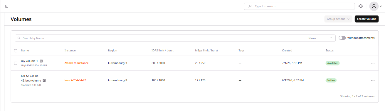 Volumes page with annotated attach to Virtual Machine link