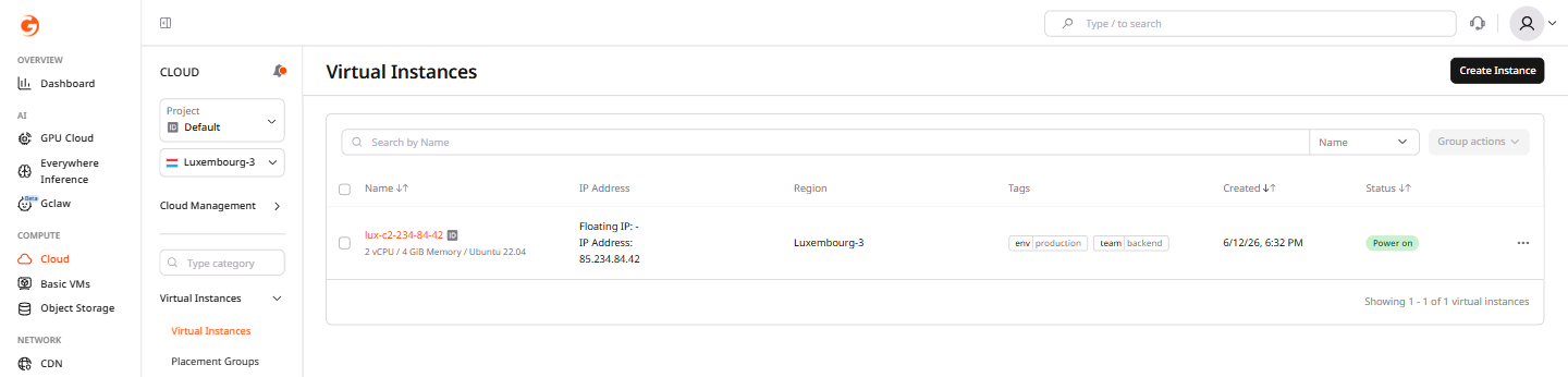 Virtual Machines tab with two created instances
