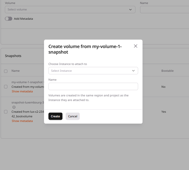 Create volume dialog with options to select Virtual Machine and add volume name