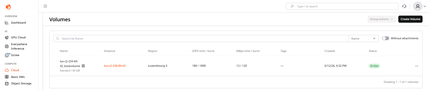 Volumes page with numbered storage and create volume tabs