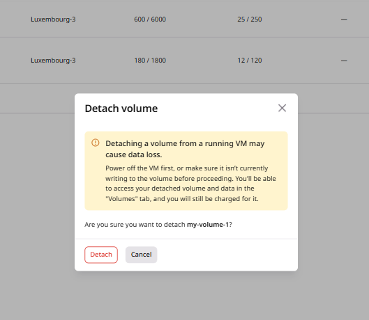 Detach volume confirmation dialog