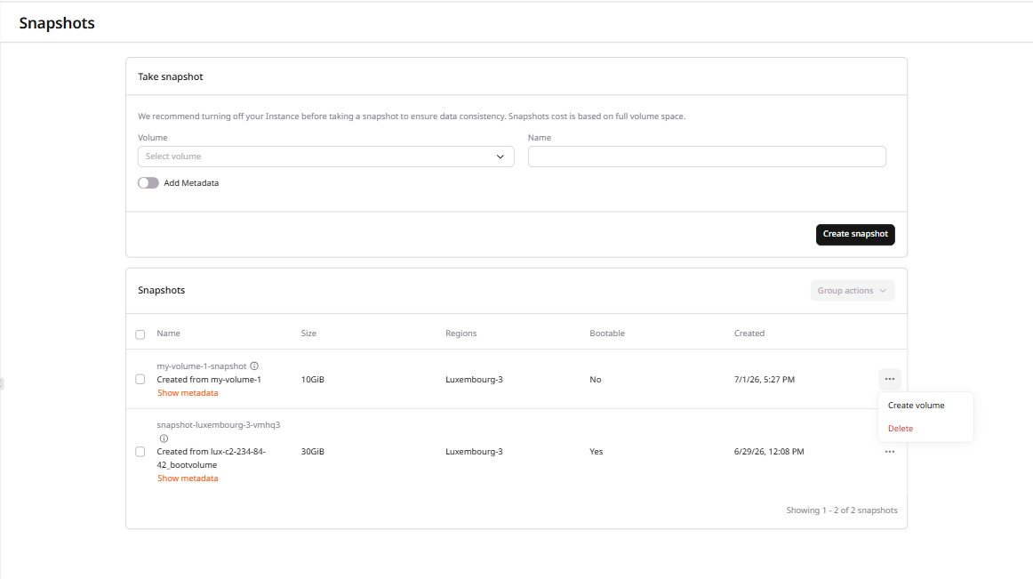 Snapshots tab with expanded settings menu