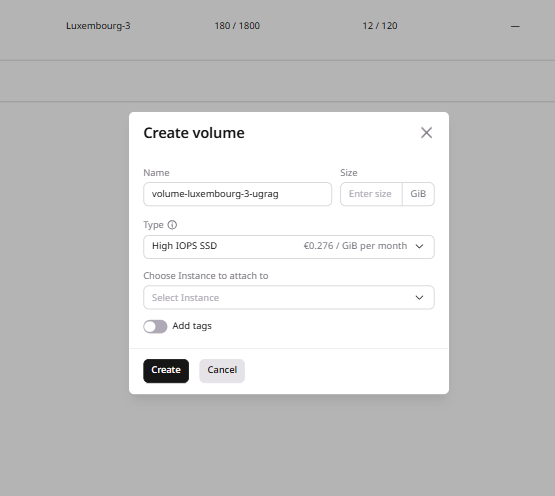 Dialog with options for configuring new volume