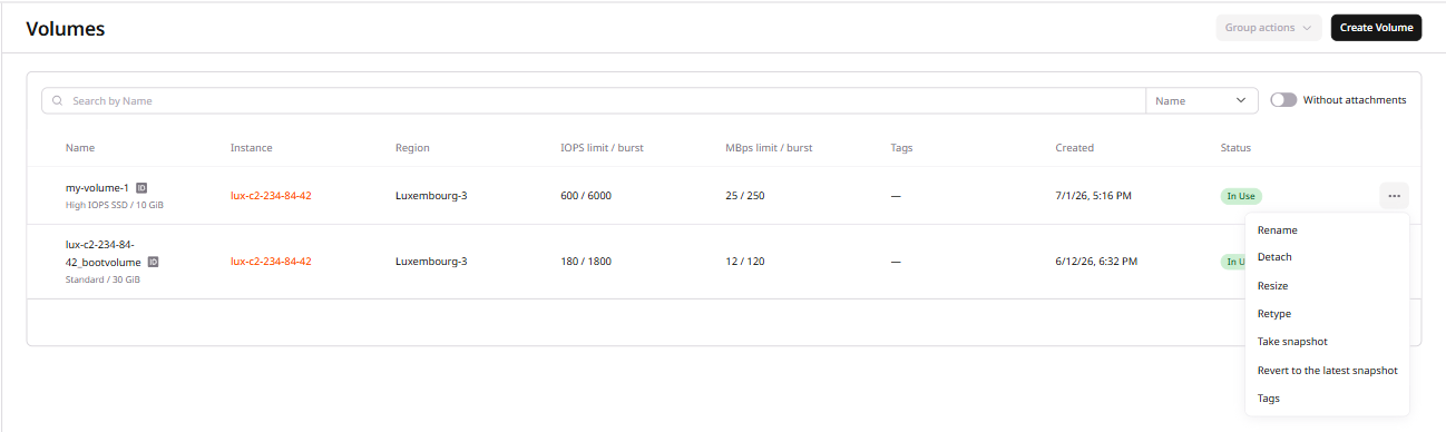 Volumes tab with expanded settings menu