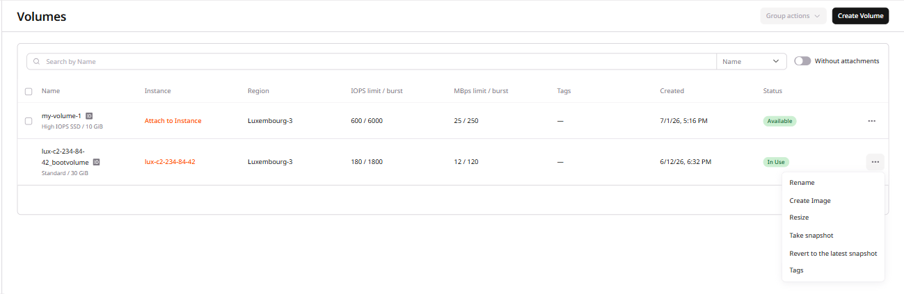 Volumes tab with expanded settings menu