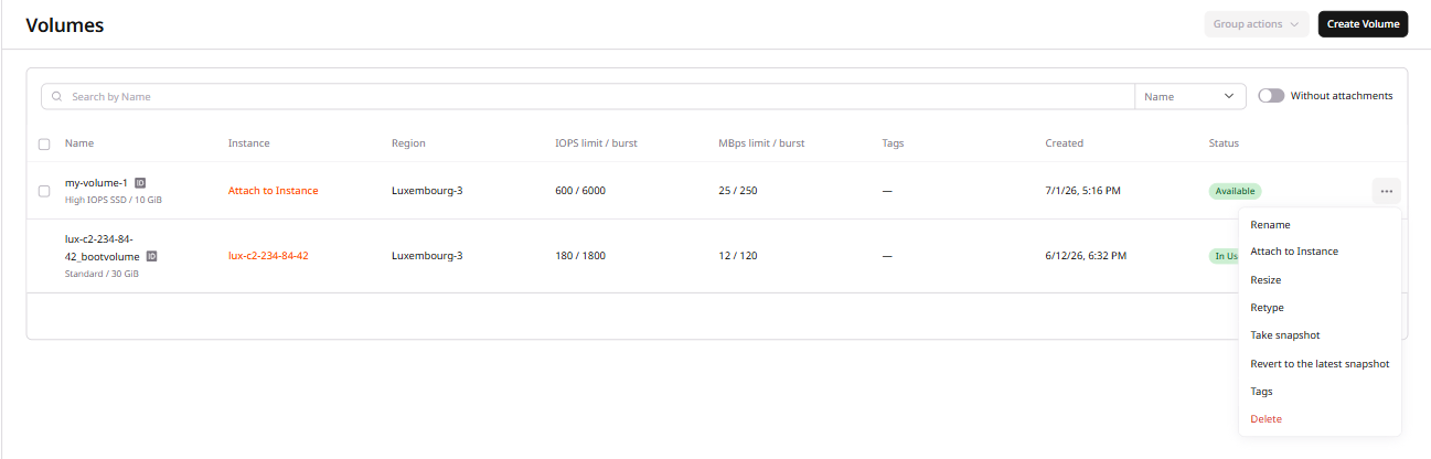 Volumes tab with expanded settings menu