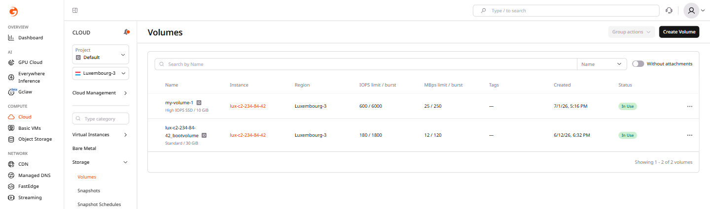 Volumes page overview with key UI areas