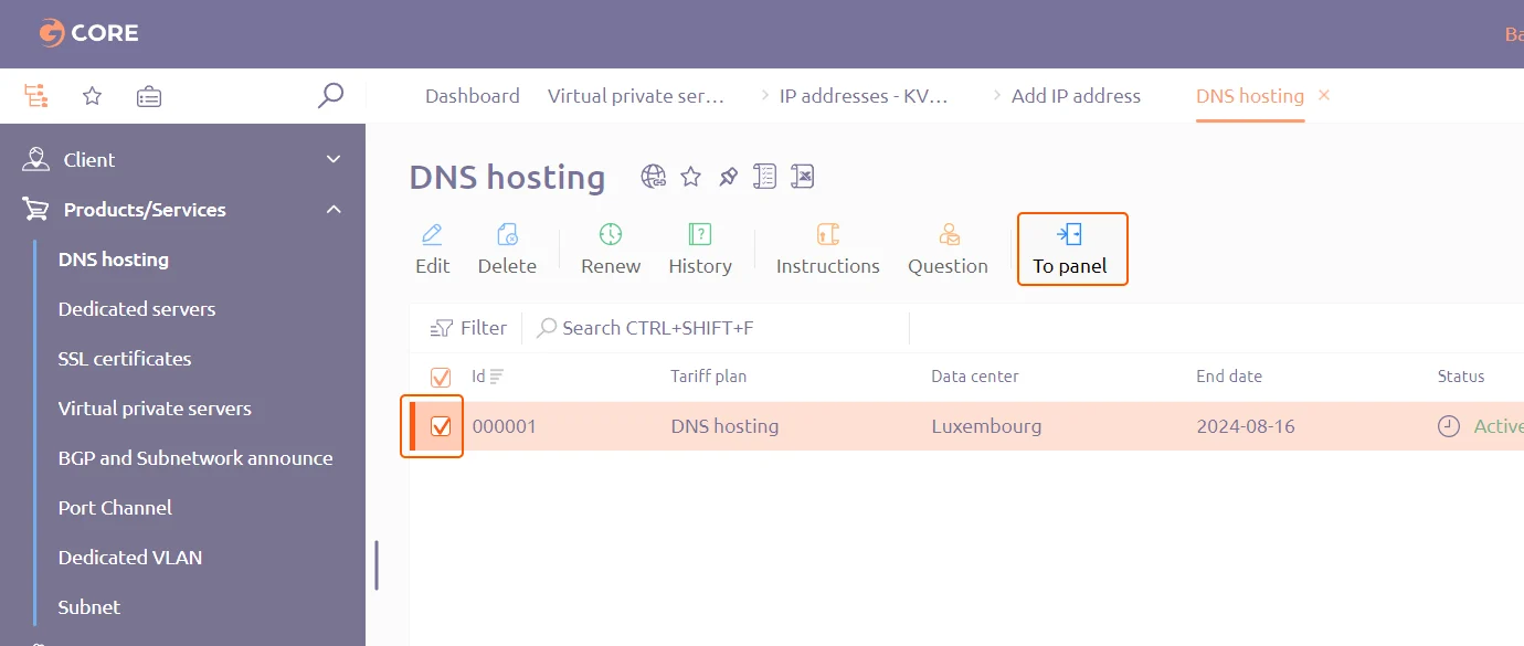 DNS hosting service section
