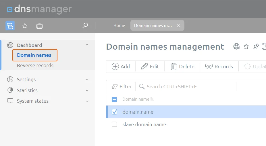 Domain names tab