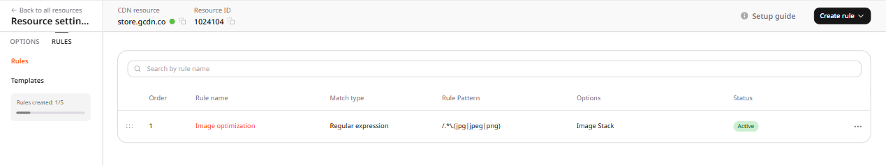 Rules list showing the Image optimization rule
