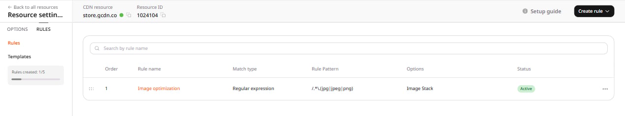 Rules list showing the Image optimization rule