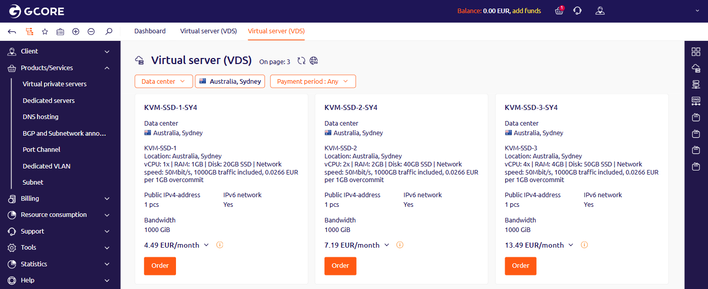 Plan catalog in the Hosting Portal showing KVM-SSD plan cards with hardware specs, pricing, and Order buttons