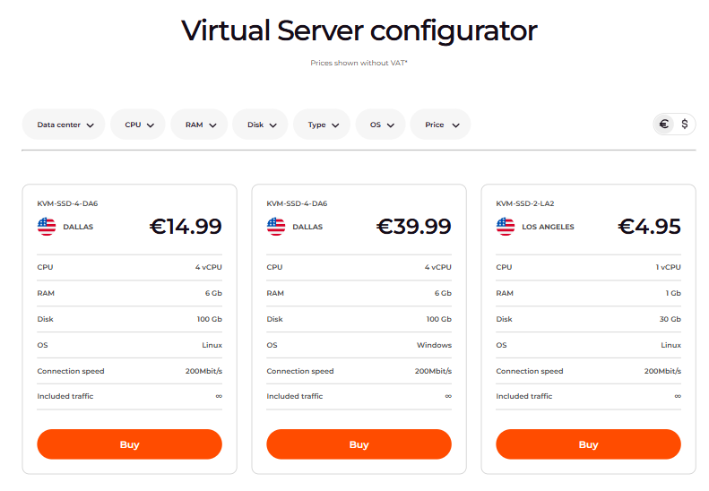 Virtual Server configurator on gcore.com with filter buttons for Data center, CPU, RAM, Disk, Type, OS, and Price above plan cards
