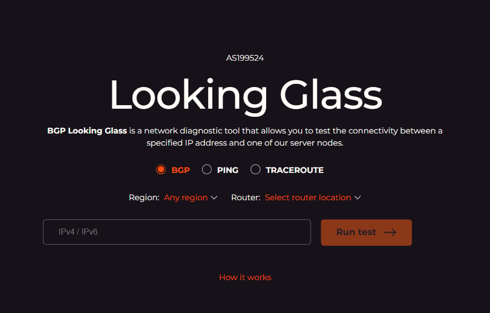 Looking Glass tool with BGP, PING, and TRACEROUTE radio buttons, Region and Router dropdowns, and a Run test button