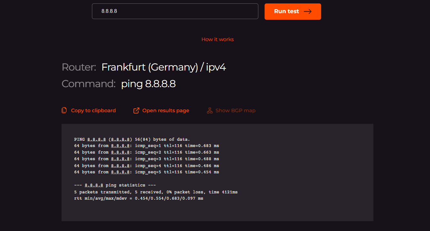 PING results for 8.8.8.8 from Frankfurt showing per-packet RTT values and a summary with 0% packet loss
