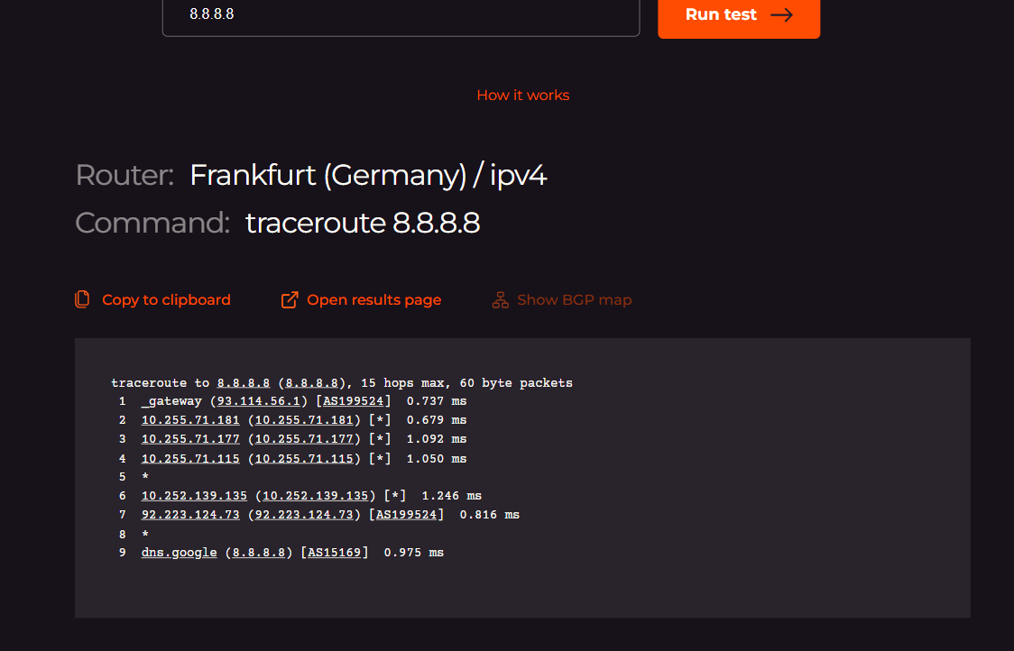TRACEROUTE results for 8.8.8.8 from Frankfurt showing 9 hops with IP addresses, AS numbers, and RTT per hop