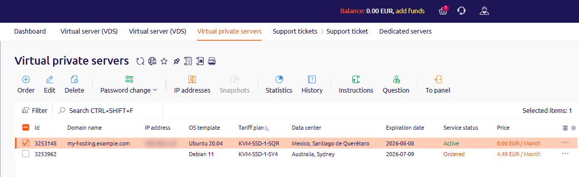 Virtual private servers list with a server selected and the Instructions button in the toolbar