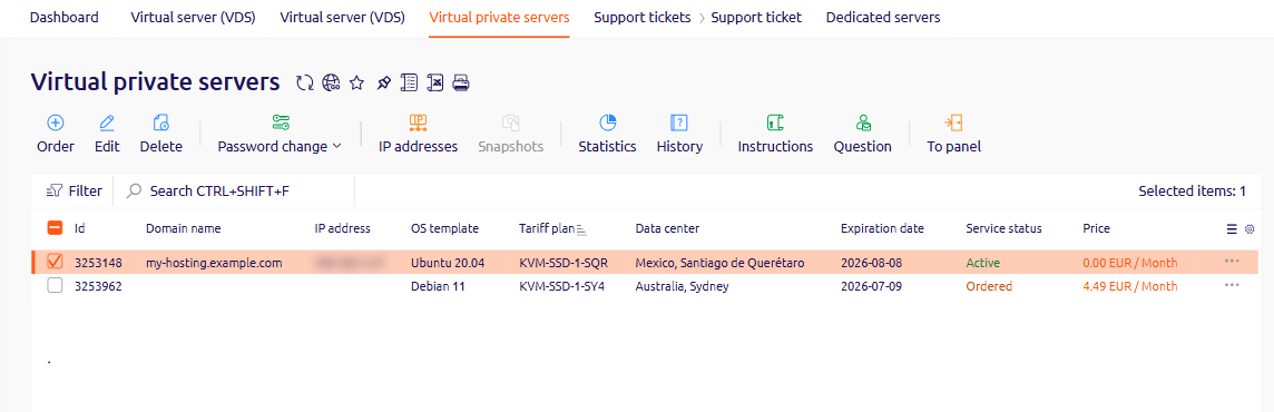 Virtual private servers list with a server selected and the To panel button in the toolbar