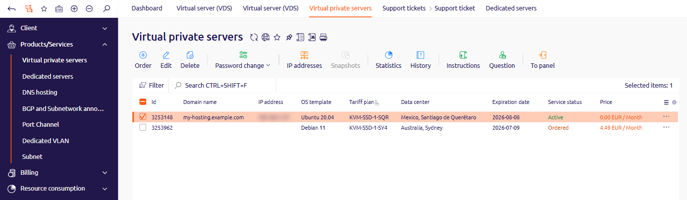 Virtual private servers list with a server selected and the To panel button highlighted in the toolbar